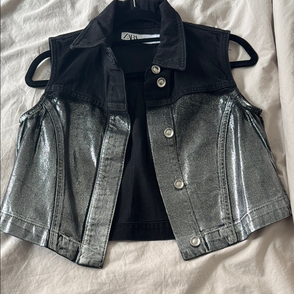 Silver and Black Sleeveless Denim Vest